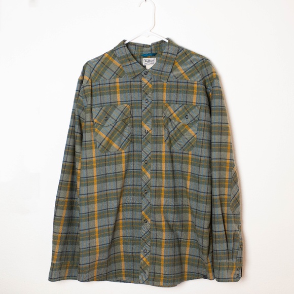 L.L. Bean Slightly Fitted Olive & Gold Katahdin Performance Flannel Shirt - Picture 1 of 5